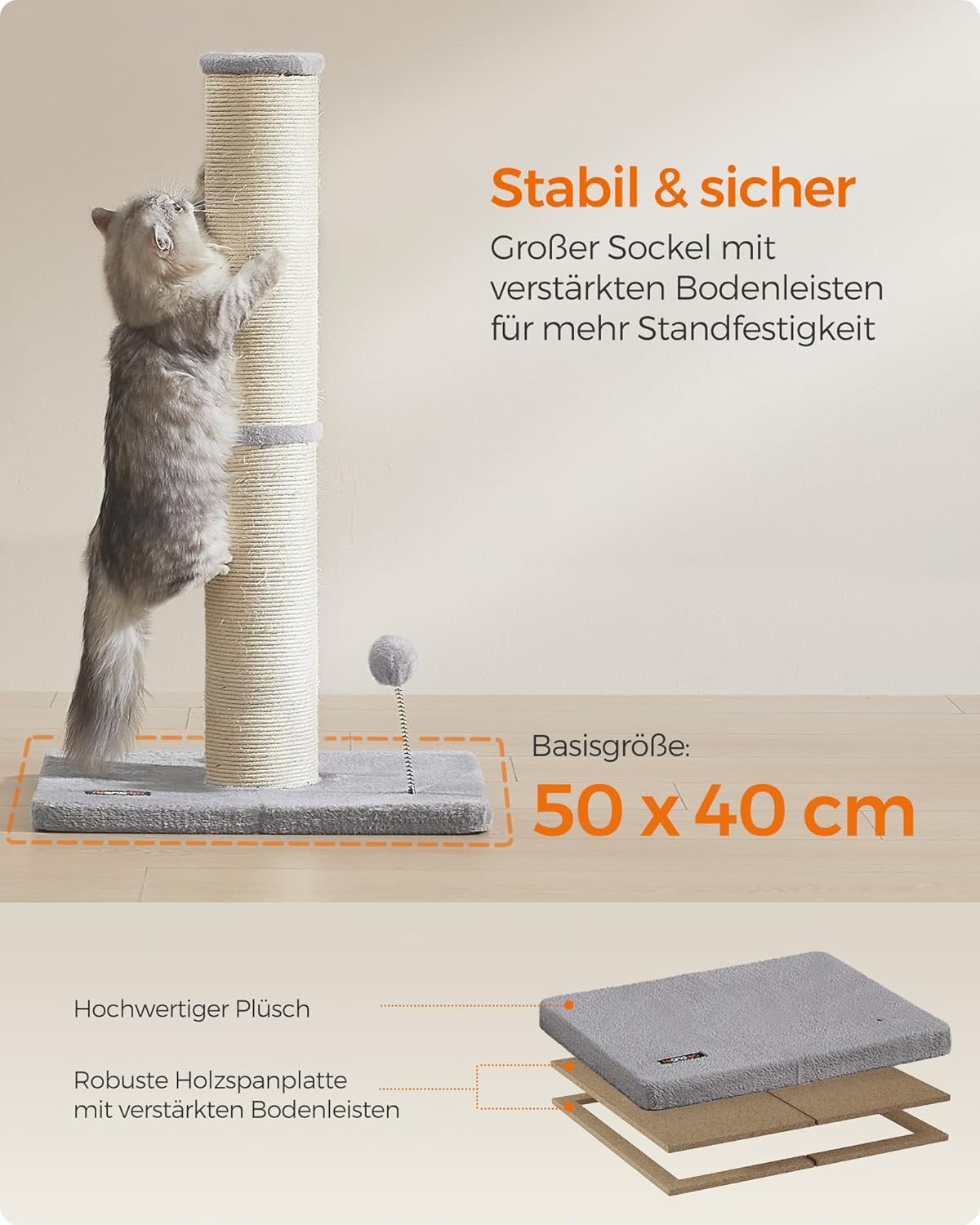 Kratzsäule mit Plüschball und Glocke, XL (13 cm Dia.) taubengrau