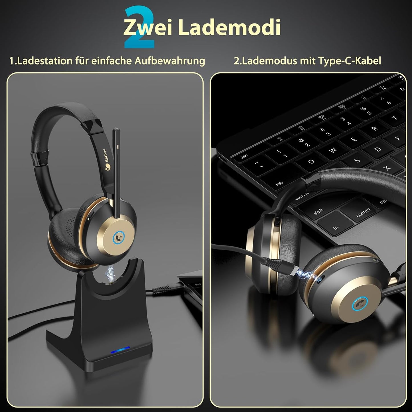 Kabelloses Bluetooth-Headset mit Mikrofon, Black Gold
