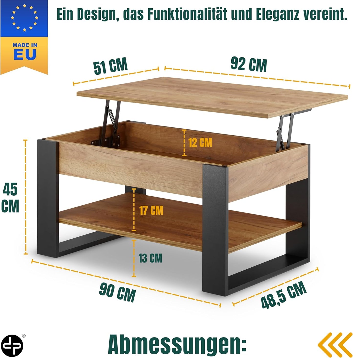 Höhenverstellbarer Couchtisch mit Stauraum, Schwarz + Eiche