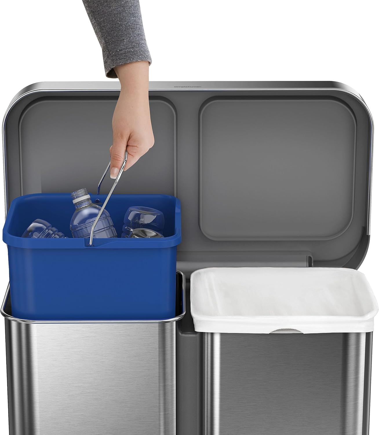 CW2209 Doppelfach-Treteimer, 58 L (34/24) — Recycling Treteimer mit Beutelfach Gebürsteter Edelstahl mit