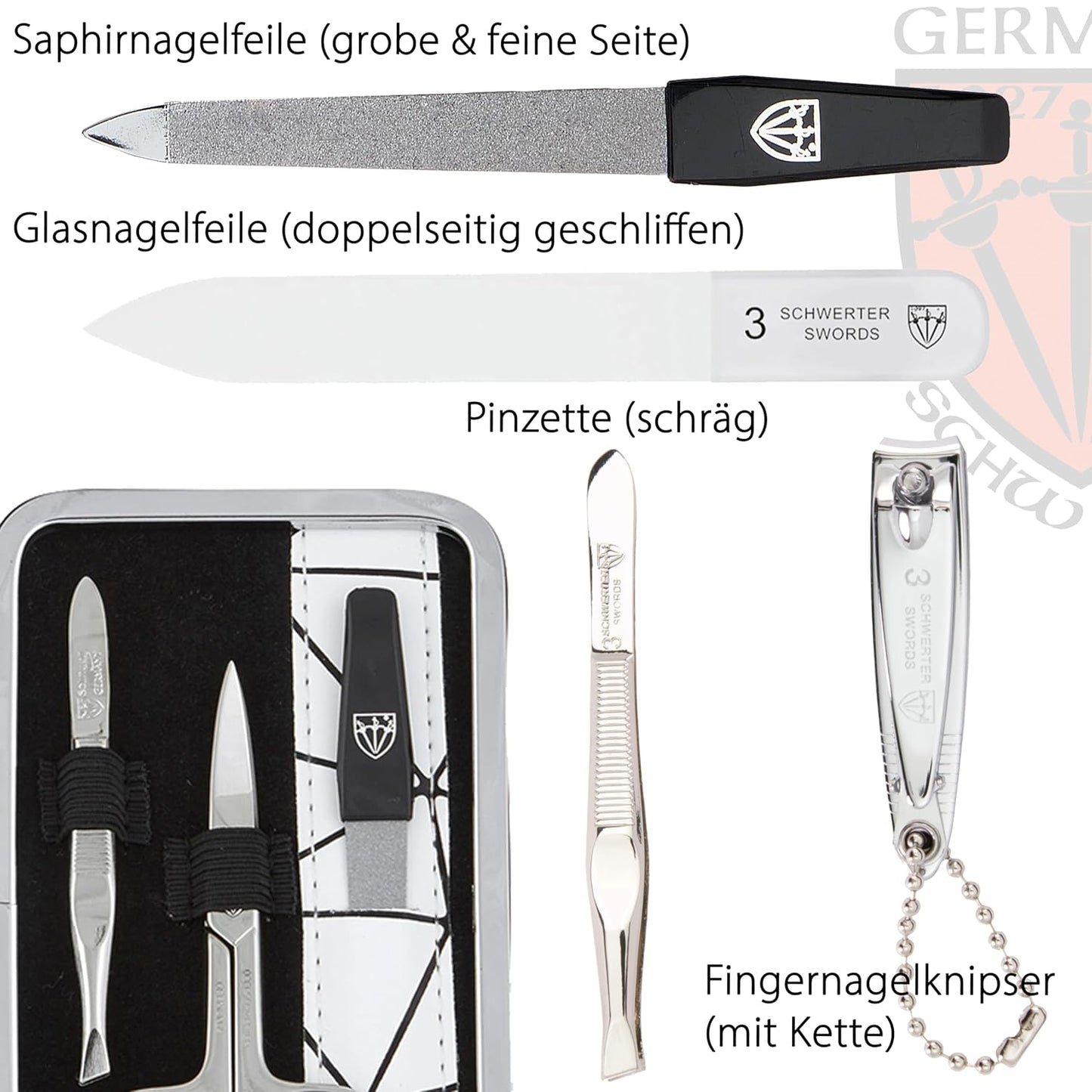 6-teiliges Maniküre Set Genova, Weiss-schwarz / Spider-kunstleder