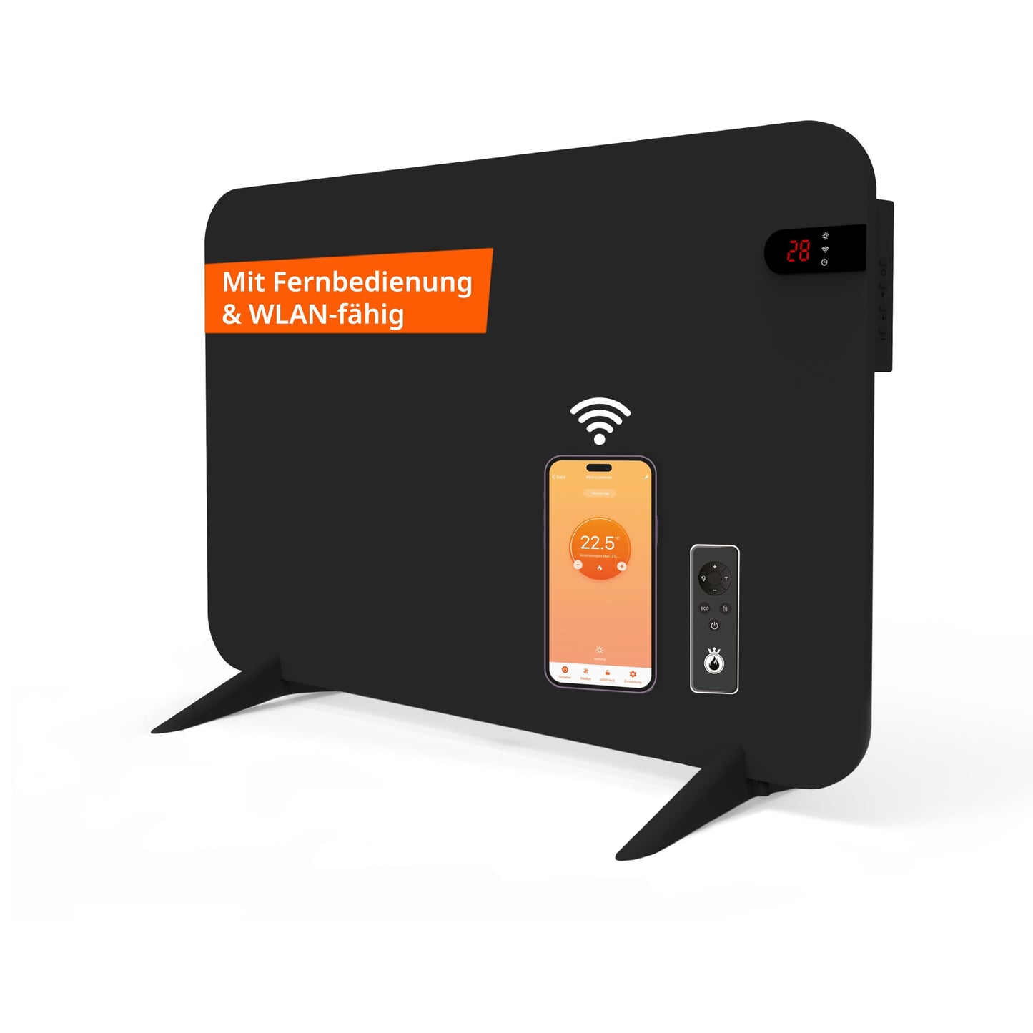 Dual-Infrarotheizung V2 mit App-, Fernbedienung und Handtuchhalterung, 450 Watt - Schwarz mit Display