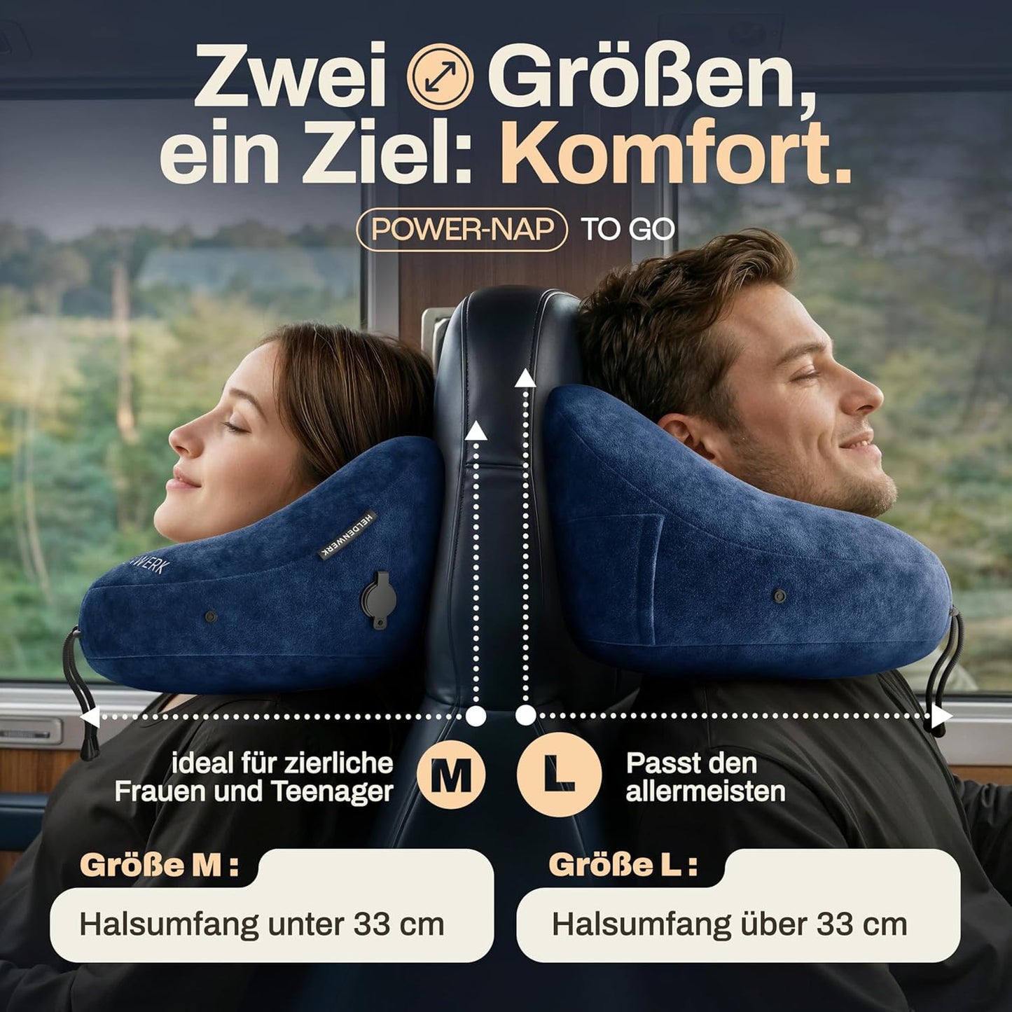 Aufblasbares Nackenkissen mit abnehmbarer Kapuze, Grösse L, Navy Blue Gross - passt den meisten