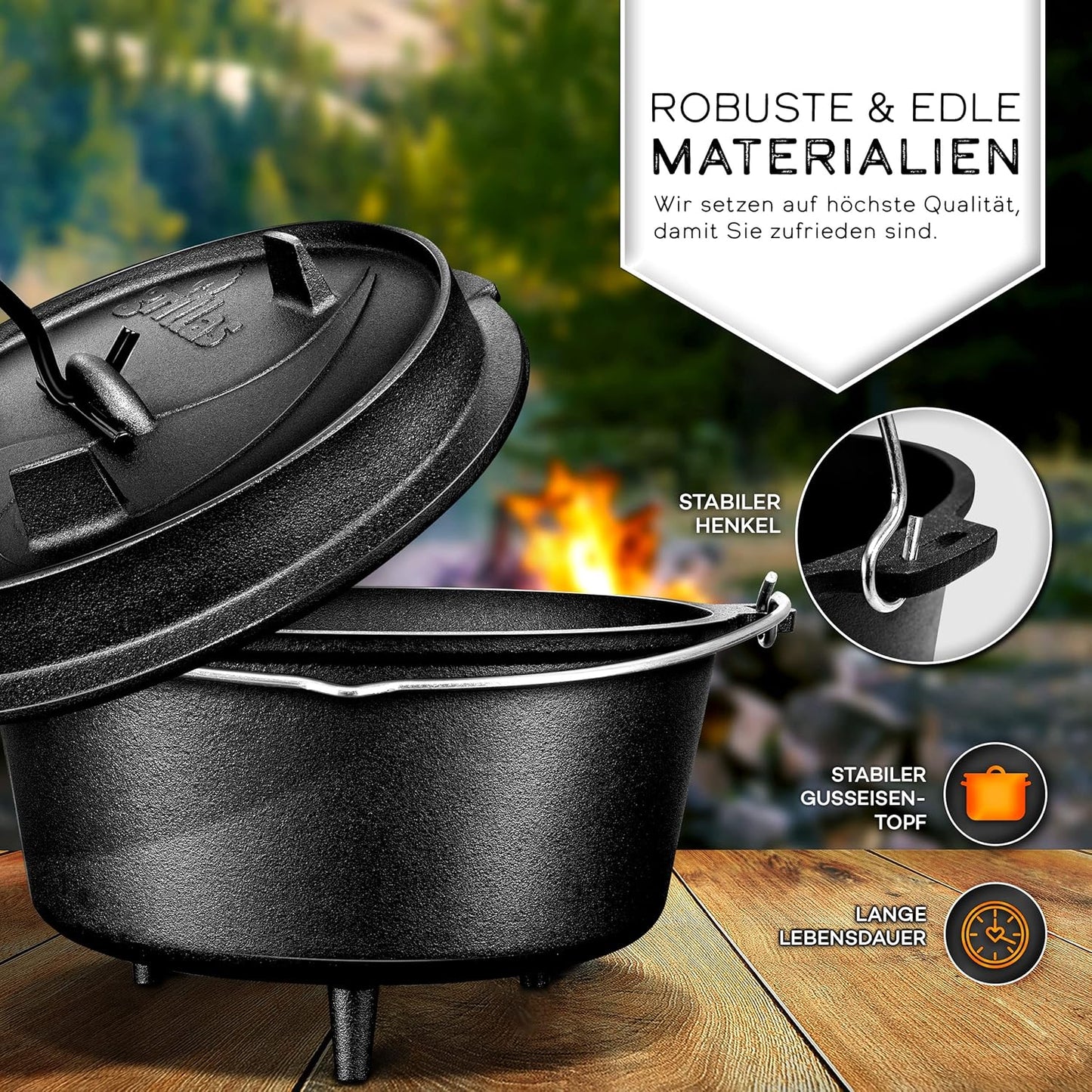 Dutch Oven Set, Topf mit Füsse, 4,2 Liter / 4,5 QT