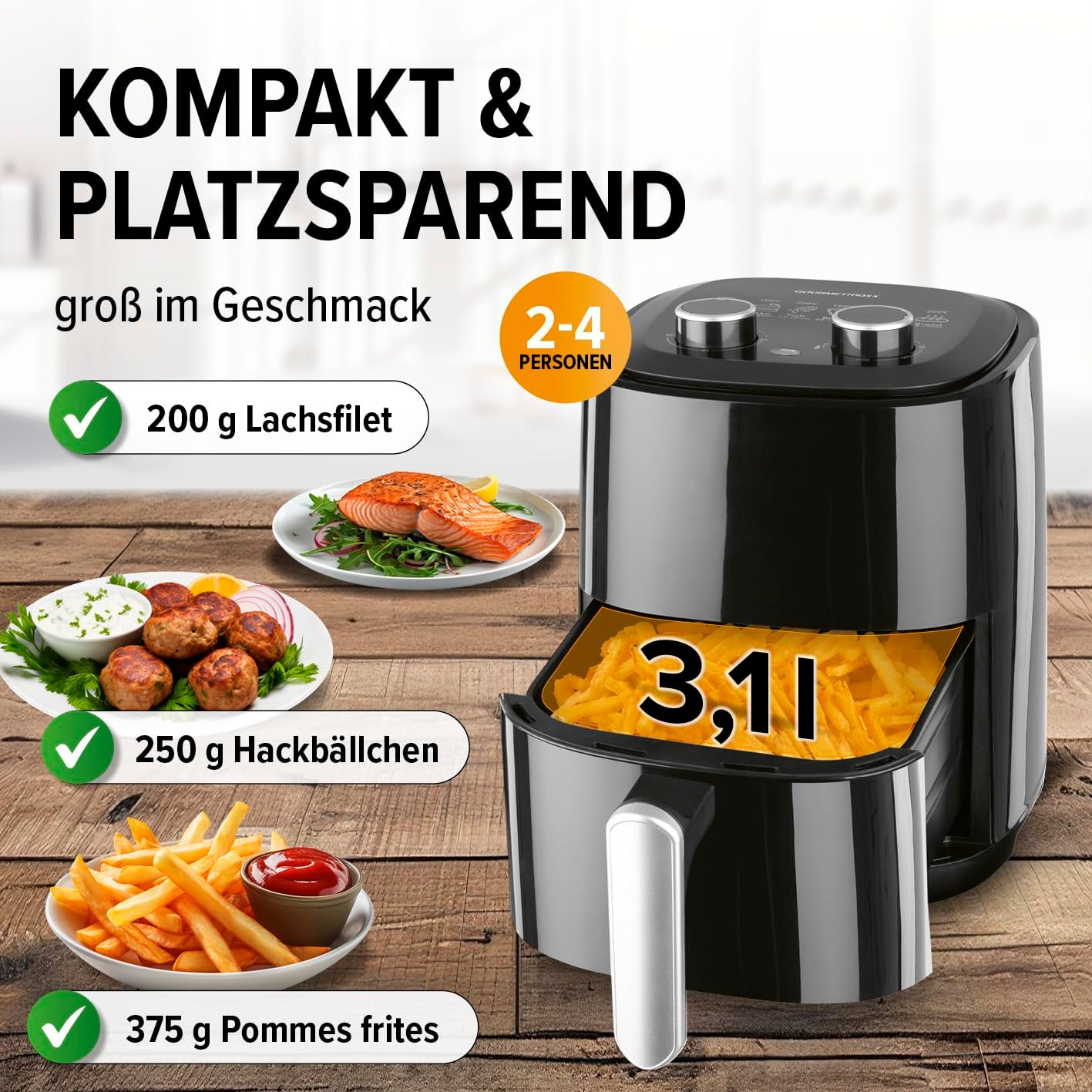 Heissluftfritteuse mit Timer und 6 Funktionen, 3,1 Liter