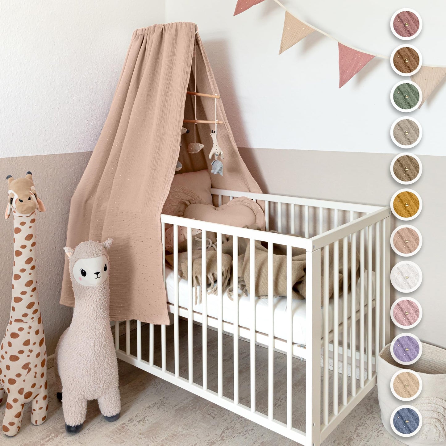 Betthimmel Babybett mit Goldapplikationen, Beigerosa ohne Himmelstange