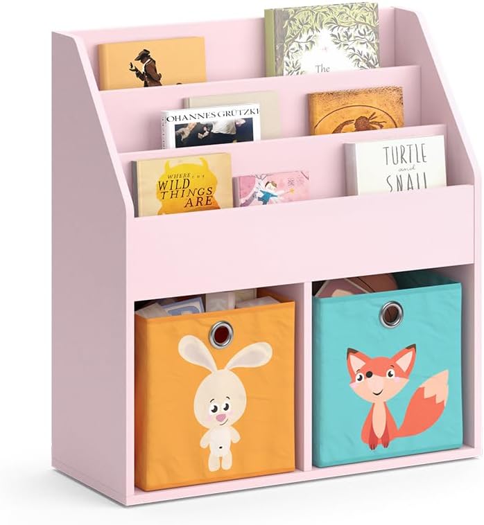 Kinderregal Luigi, Rosa 72x79 cm mit Faltboxen Fuchs/Hase