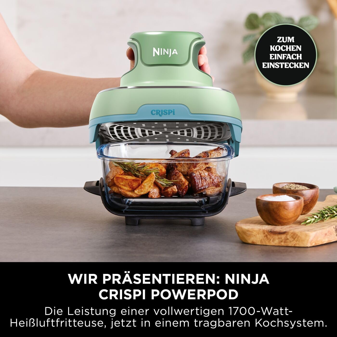 CRISPi Tragbare Heissluftfritteuse mit Glasbehältern, Pastellgrün