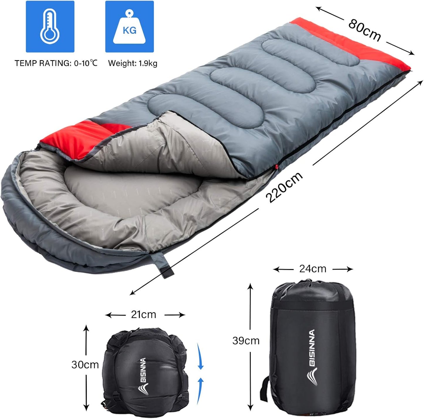 Deckenschlafsack mit Kompressionssack, Grau 4-Saison-Reissverschluss links