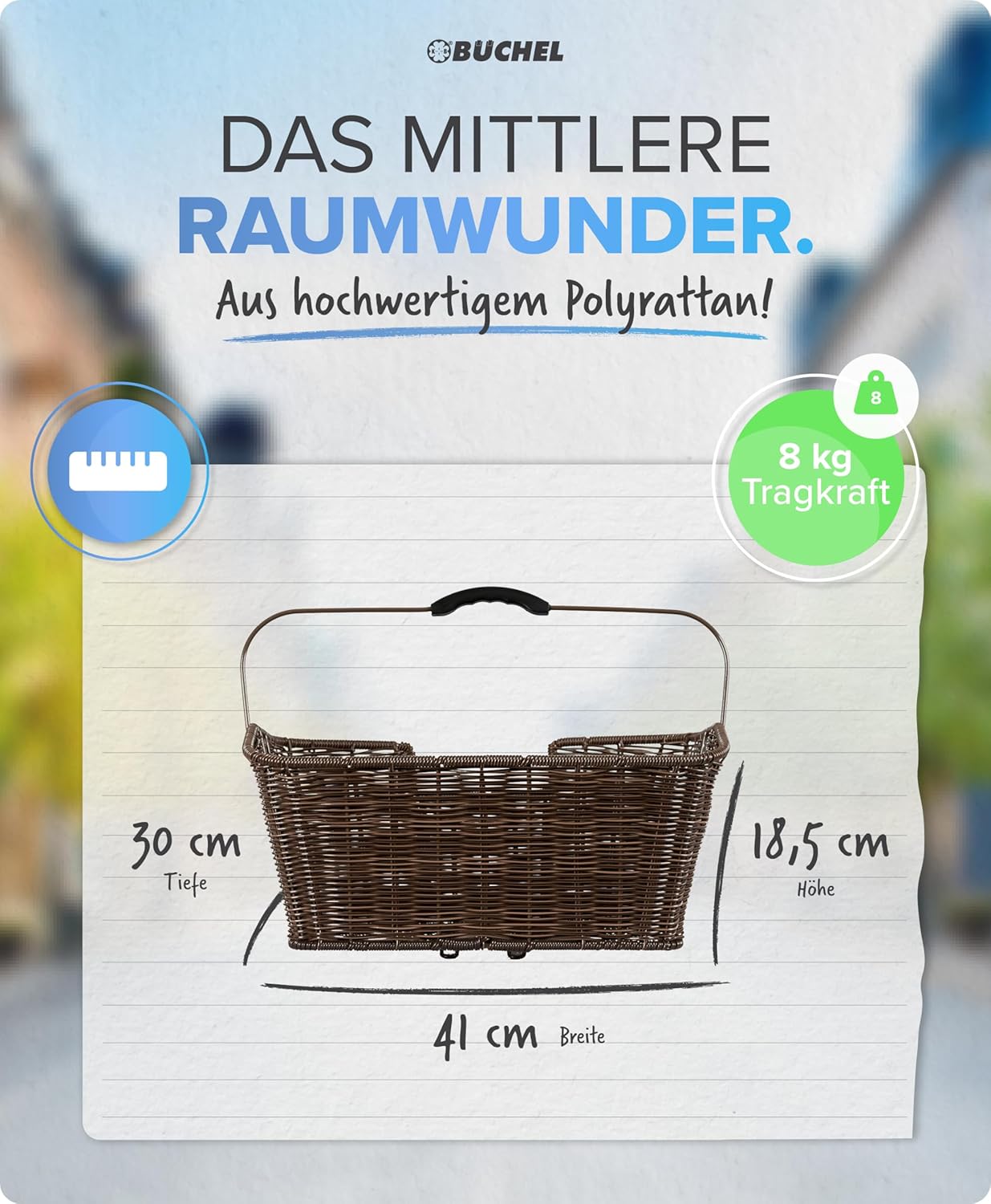 Abnehmbarer Fahrradkorb für hinten mit Halteclip, Braun Single