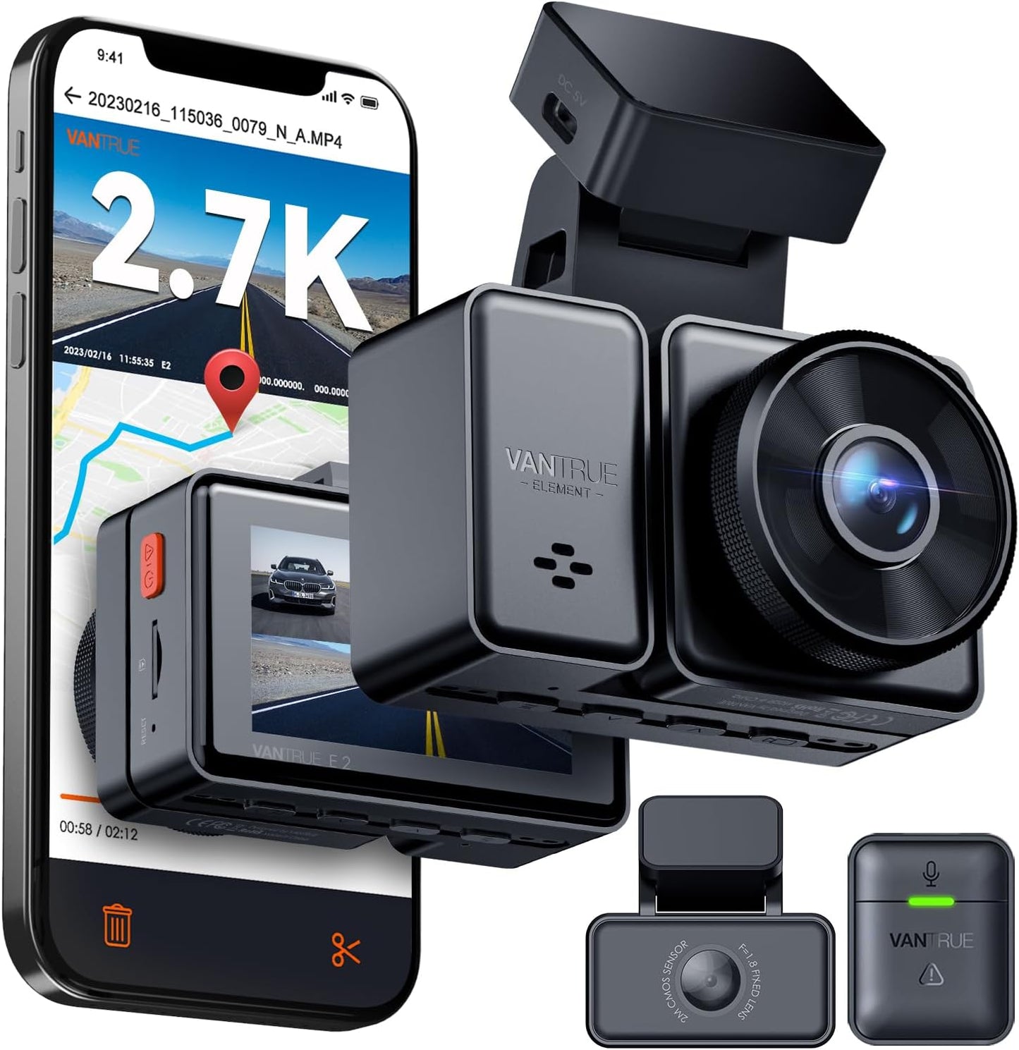 Dashcam E2 Dual-Kamera mit 2.7K Auflösung und GPS