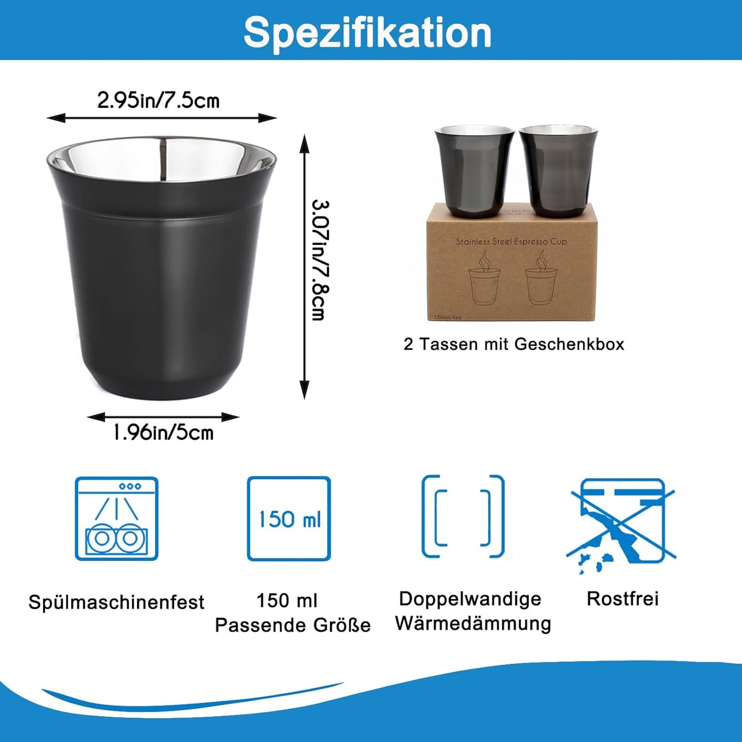 2er-Set Doppelwandige Espressotassen, 150 ml Gunmetal