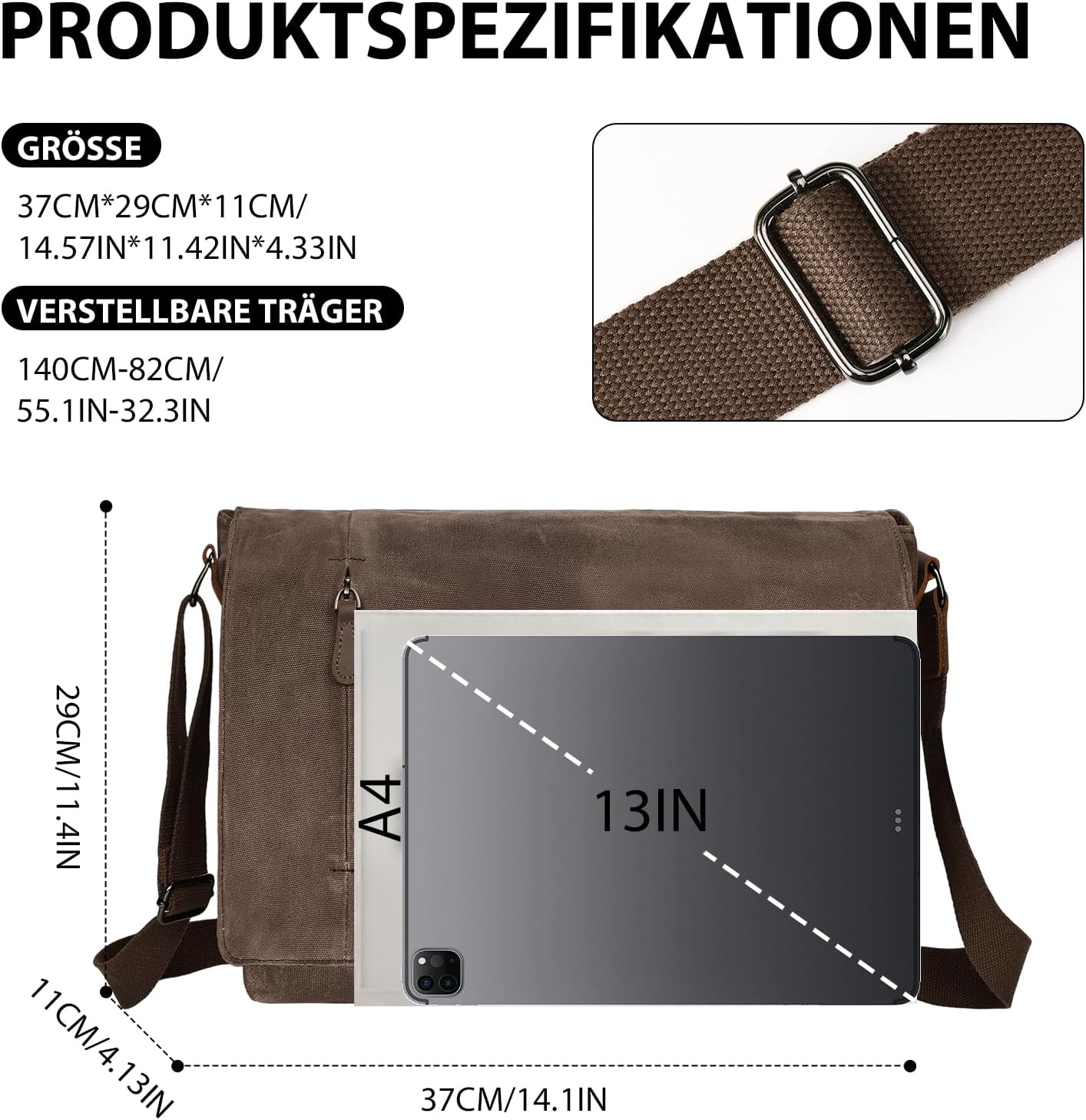 Umhängetasche, 14 Zoll Braun