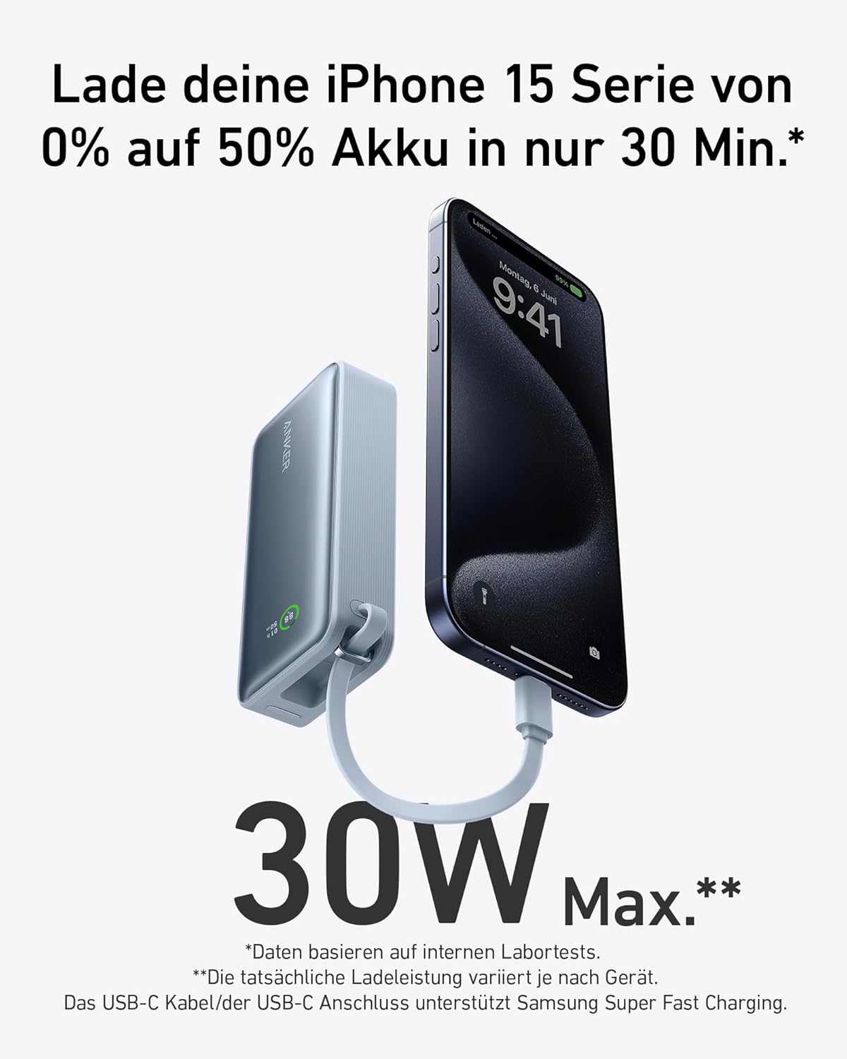 Nano Powerbank mit integriertem USB-C Kabel, Blau