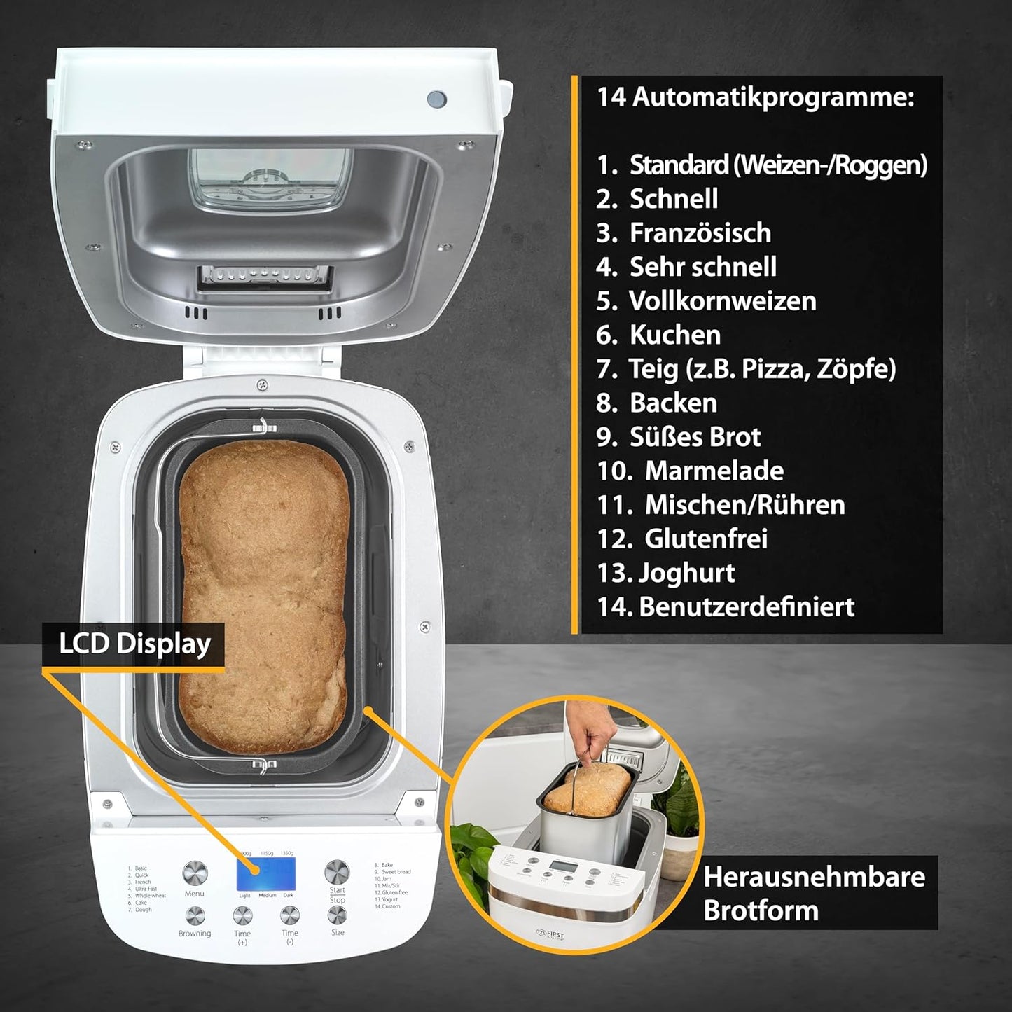 Brotbackautomat mit Timer & 14 Programmen, 900-1350 g Brot