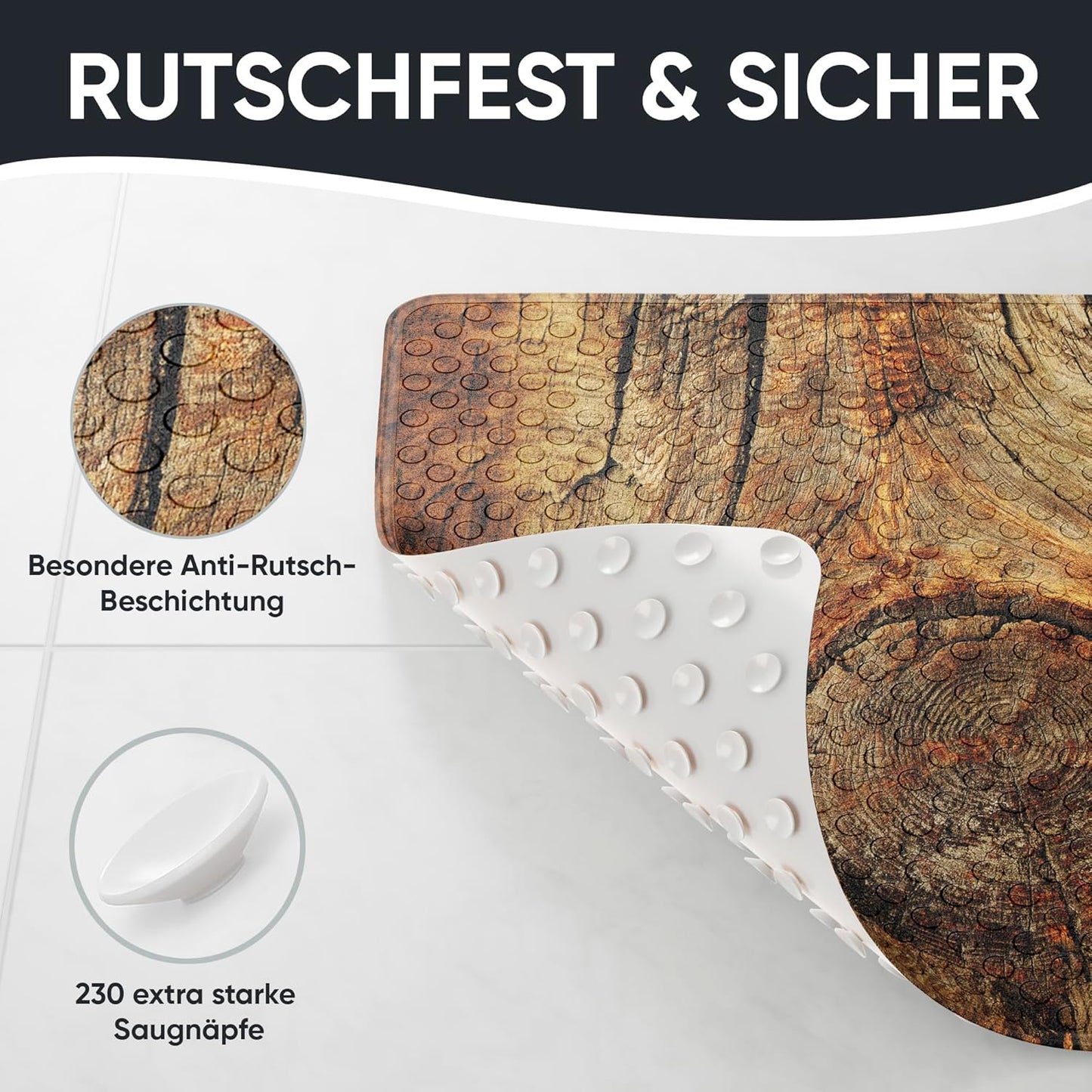 Rutschfeste Badematte 53x53 cm, maschinenwaschbar, Rustikal