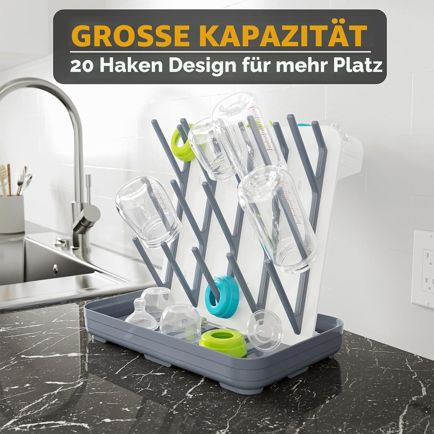 Abtropfgestell für Babyflaschen mit 20 Haken, Grau