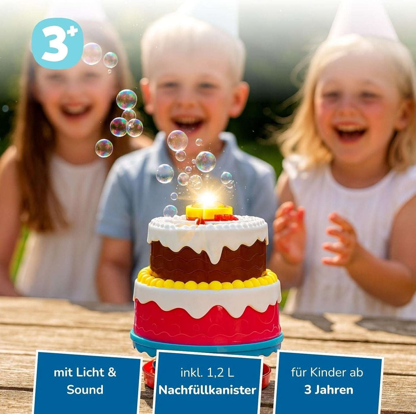 Seifenblasenmaschine mit Nachfüllflasche, Seifenblasenmaschine Torte + Nachfüllkanister