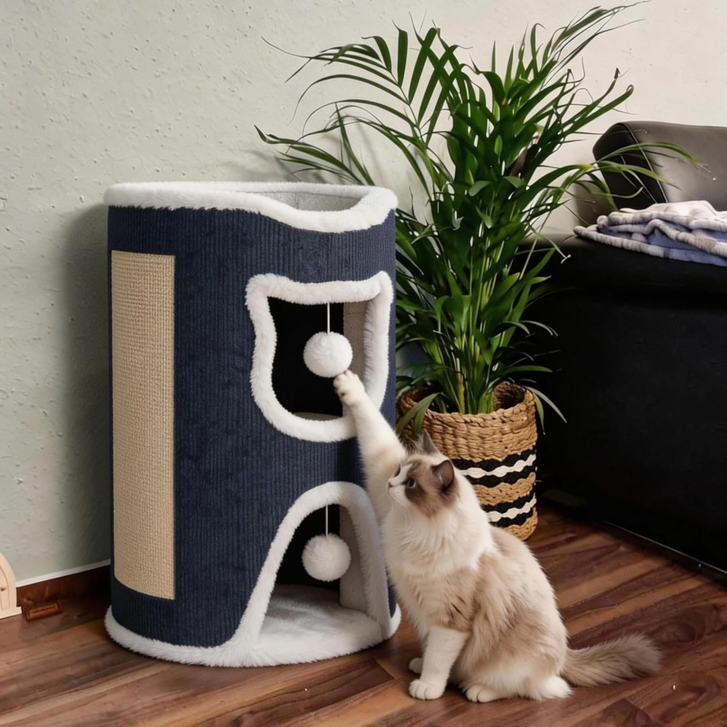 Katzenhaus mit Kratzbaum und Spielball (40x40x60cm), grau Doppellagig