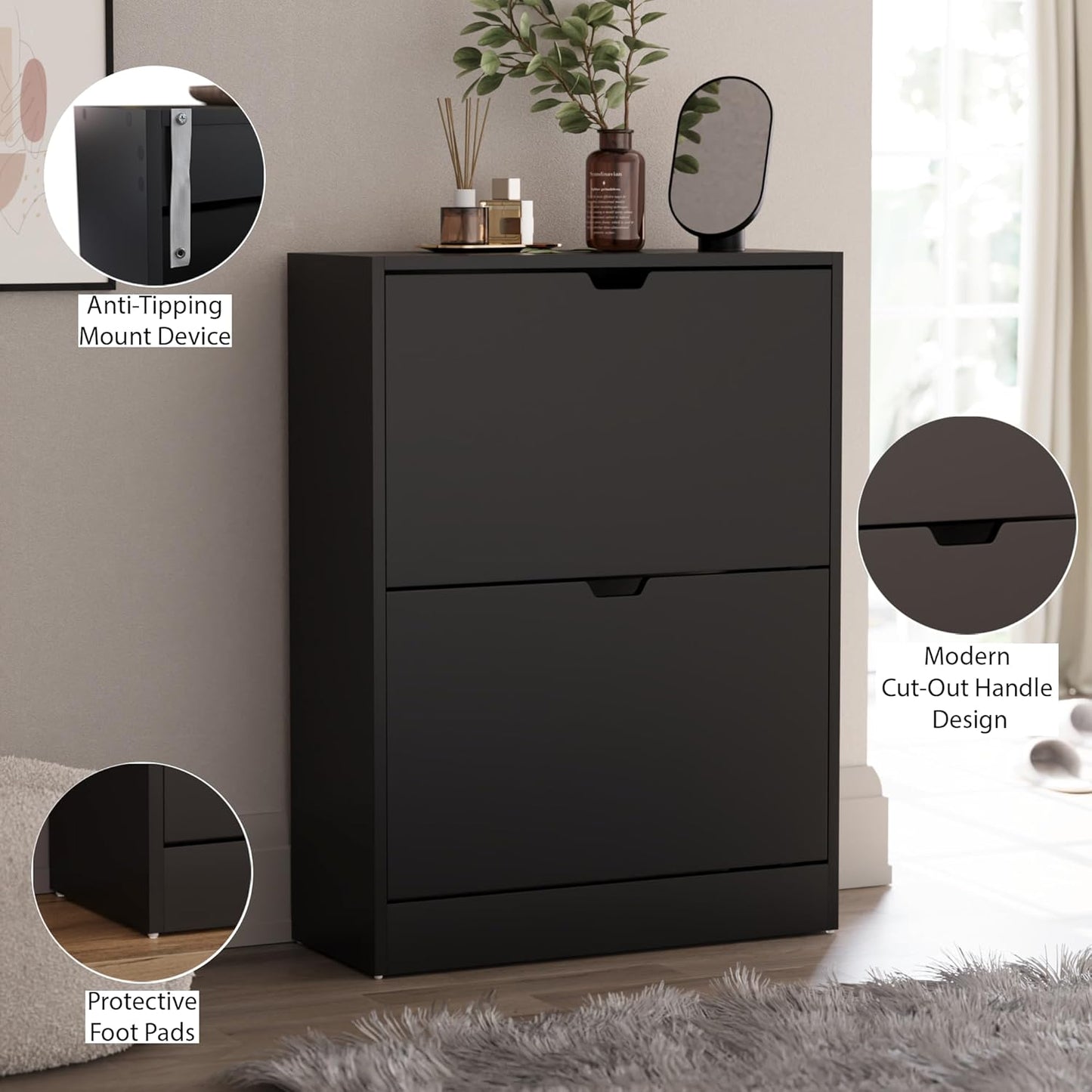 Schuhschrank mit 2 Klappschubladen, Schwarz