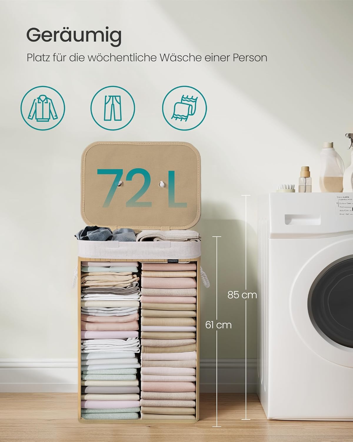 Wäschekorb mit Deckel, 72 Liter, 72 L Naturfarben