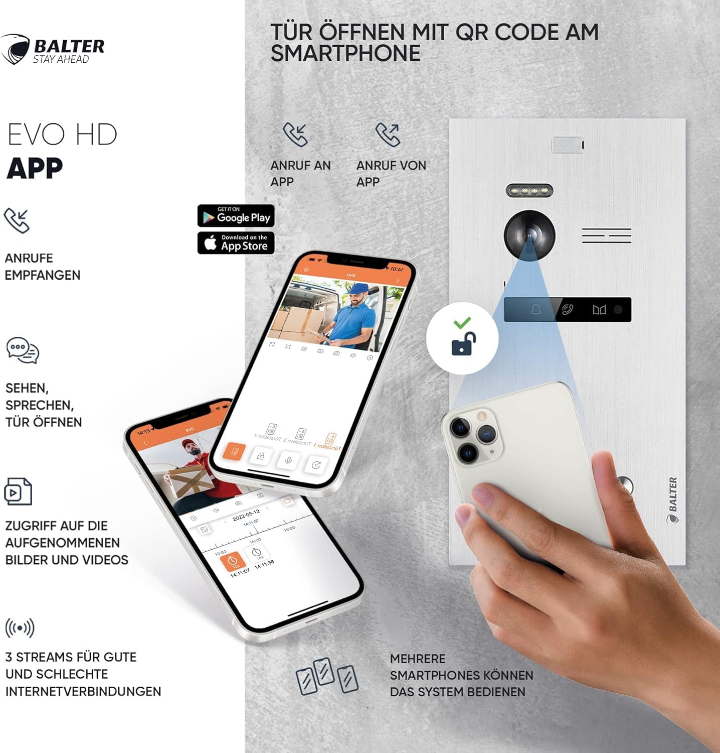Balter EVO-HD Video-Türsprechanlage mit Touchscreen & Weitwinkelkamera, Schwarz/Silber mit Wi-fi 2 Monitore
