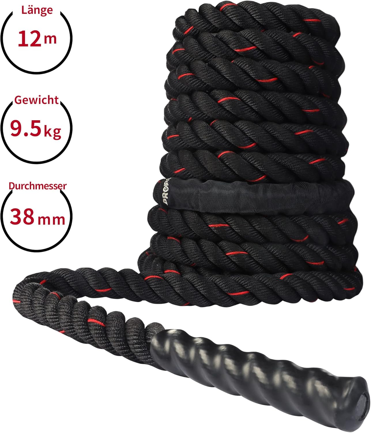 Kampfseil für Fitnesstraining (9m/12m), Schwarz Rot-12m
