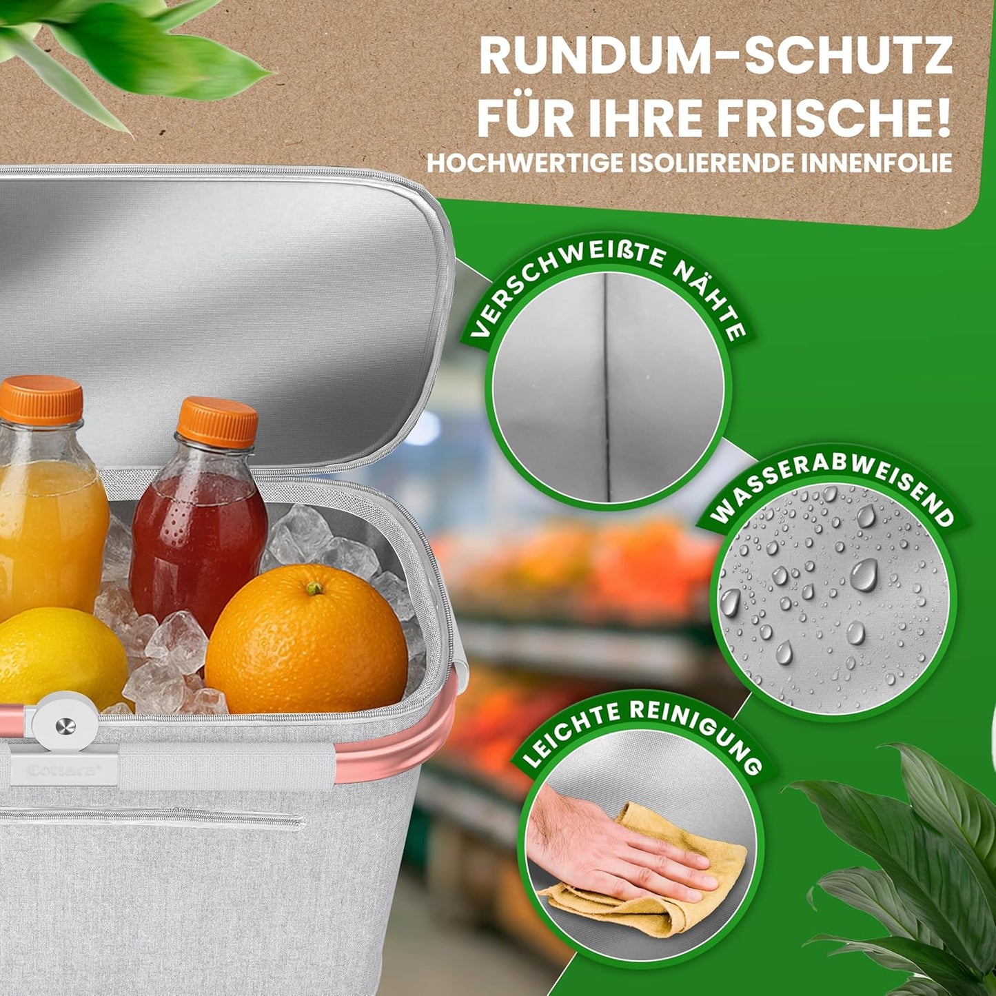 Thermo Einkaufskorb Kühltasche mit Reissverschlussfach, Hellgrau Rose