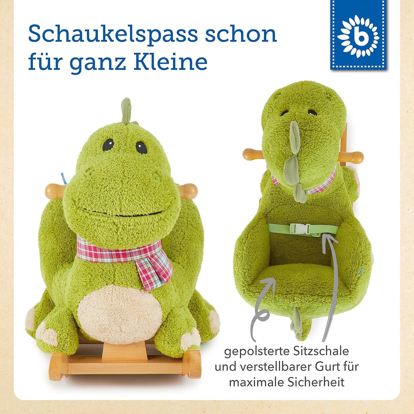 Plüsch-Schaukeltier - Dino mit Sicherheitsgurt, Dino