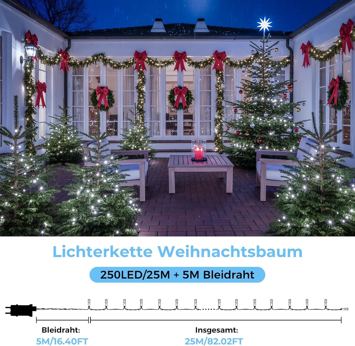 LED-Weihnachtsbaum-Lichterkette mit Fernbedienung, 25M Weiss