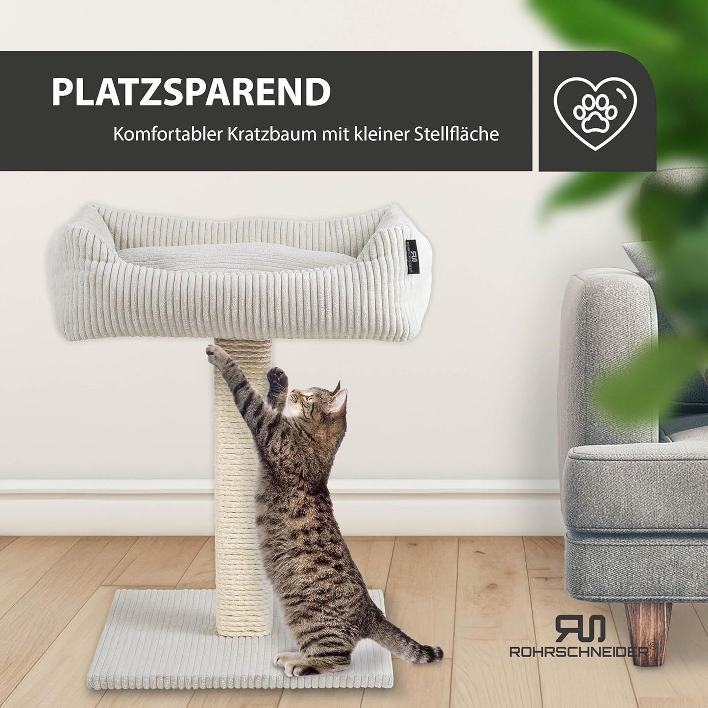 Kratzbaum mit Spielkugeln, Cordstoff breit beige