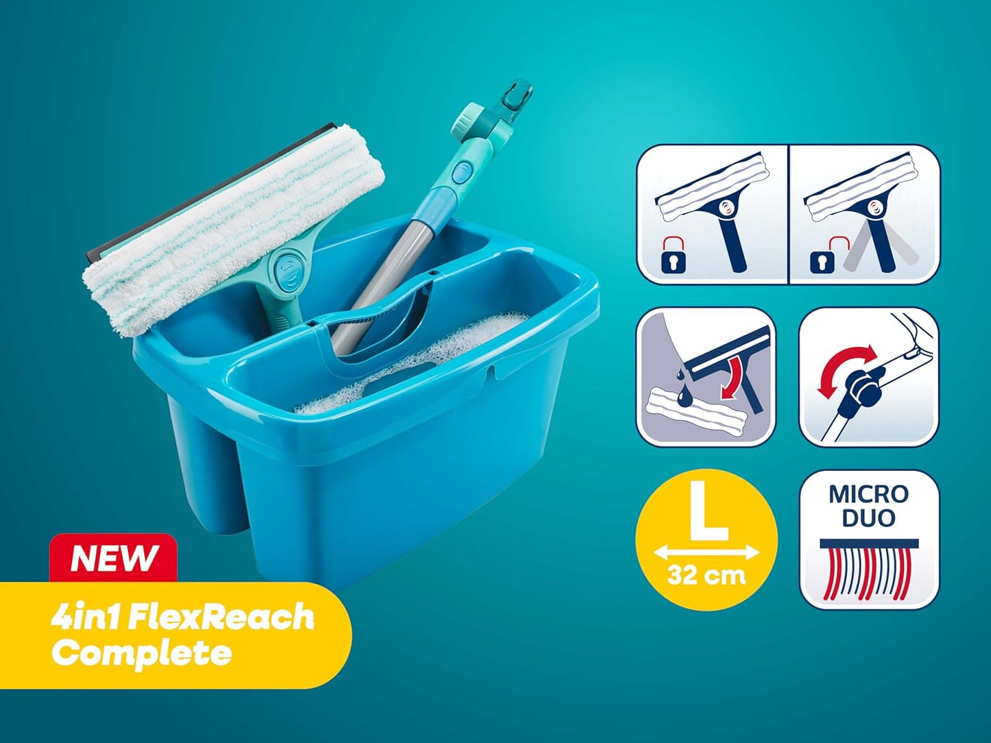 Fensterreinigung Set 4in1 FlexReach (mit Eimer), Fensterwischer mit Eimer und 43cm Stiel Grösse L