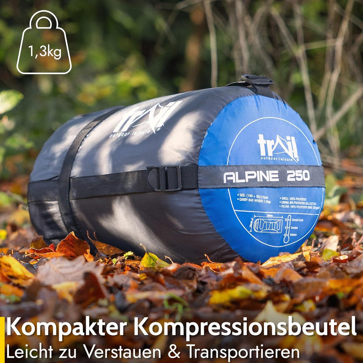 Trail-Alpin-Schlafsack mit Kapuze, Blau - 3 Jahreszeiten