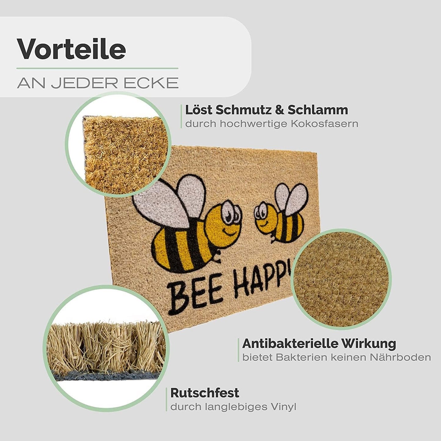 Fussmatte Bee Happy aus Kokos (40x60 cm), Bienen Bee Happy