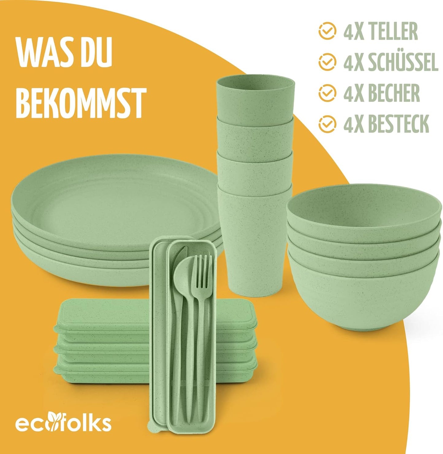 16-teiliges Camping-Geschirrset, Grün