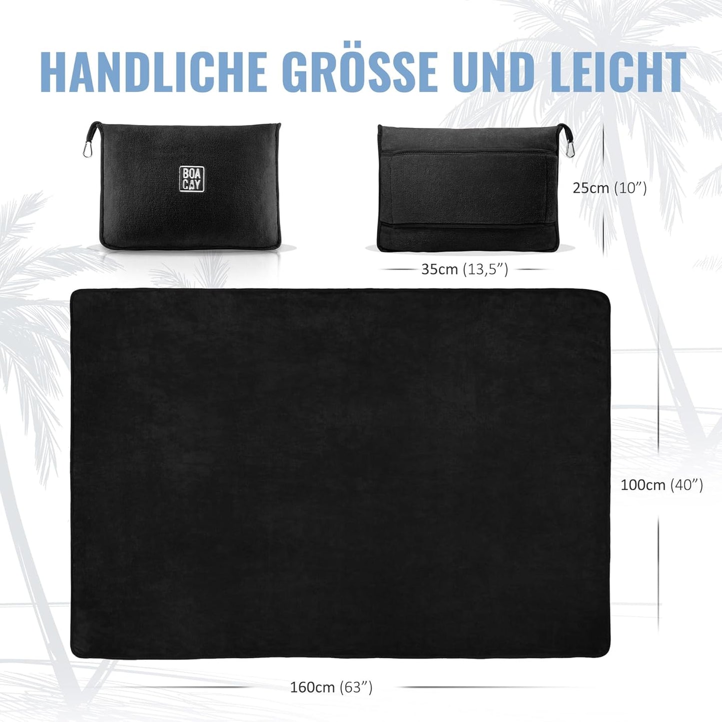 Reisedecke mit Kissen & Rucksackclip, Schwarz
