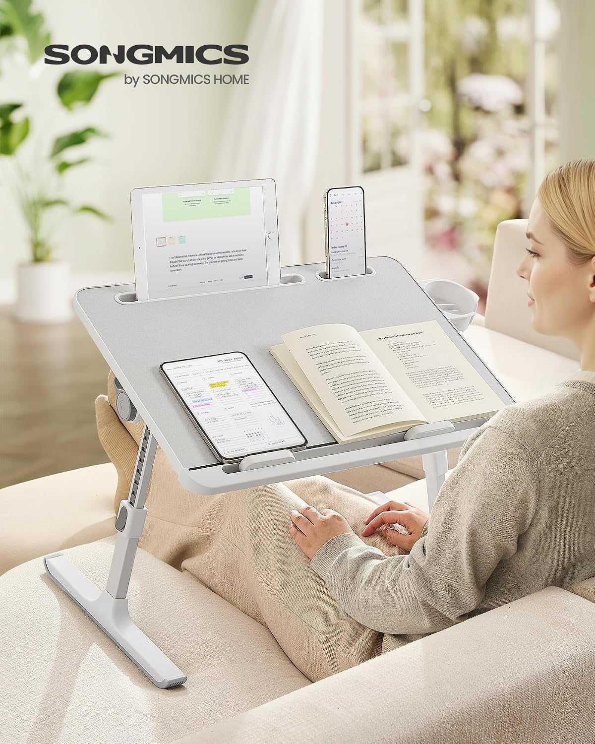 Laptoptisch mit Getränkehalter und Schublade, Grau