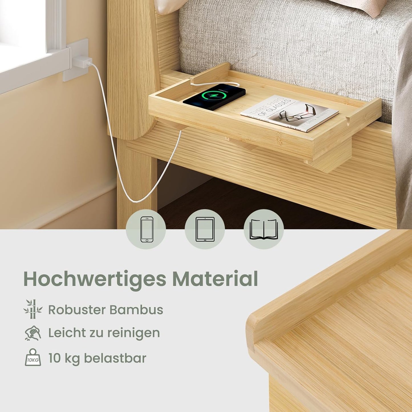 Nachttisch zum Aufhängen, Bambusfarbe