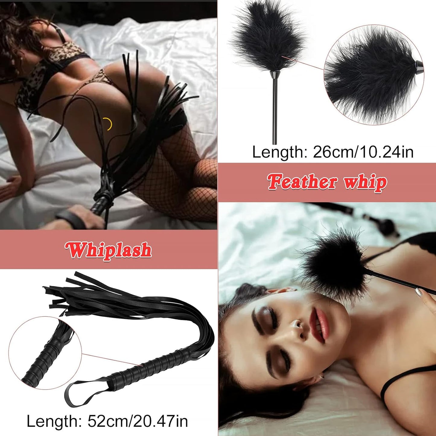 16-teiliges BDSM Set mit Federpeitsche und Augenmaske, Schwarz-16 Stück
