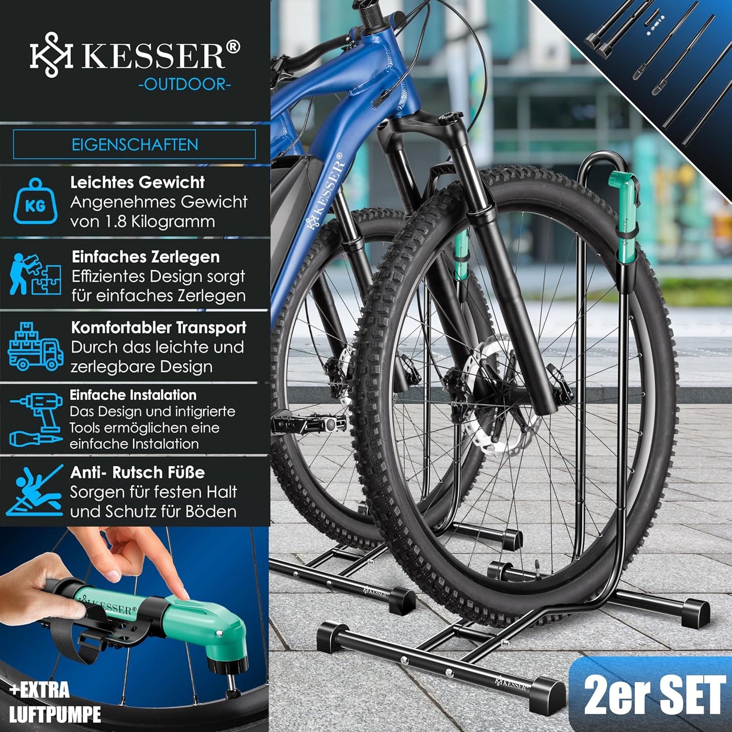 2er-Fahrradständer-Set mit Luftpumpe, 2er Set, Schwarz
