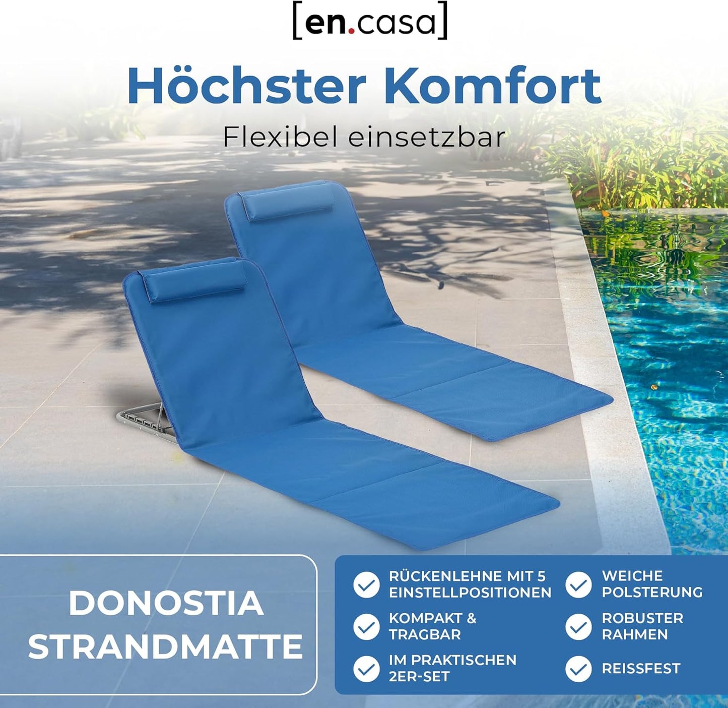 Strandmatte 2er-Set mit Verstellbarer Rückenlehne, Blau