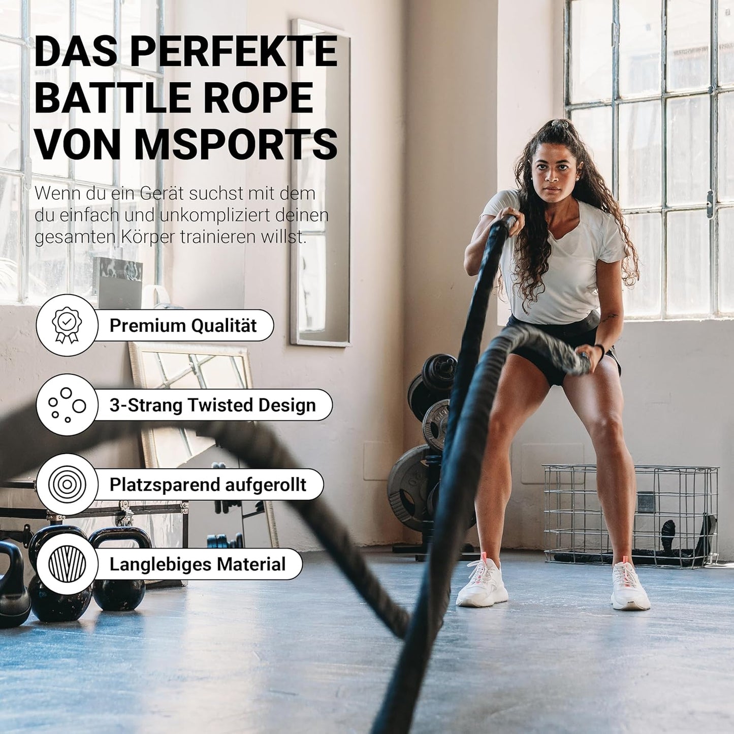 Battle Rope Trainingsseil, Schwarz / Rot - 15M - mit Stoffüberzug