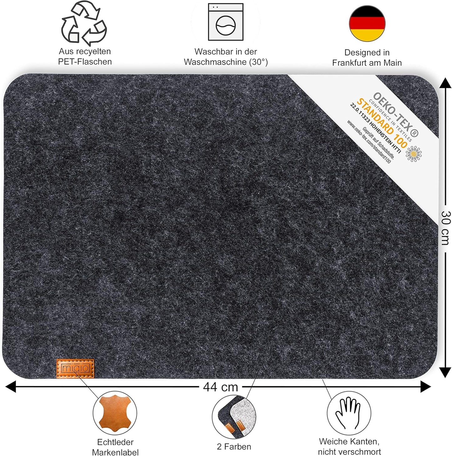 Design Tischset aus Filz (6er Set, rechteckig), 6er-Set Dunkelgrau / Rechteckig