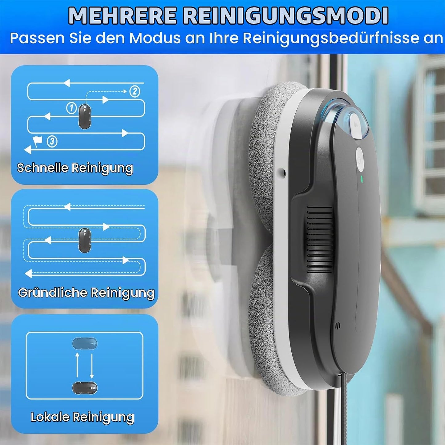 Fensterputzroboter mit bidirektionalem Ultraschall-Wasserstrahl, Schwarz