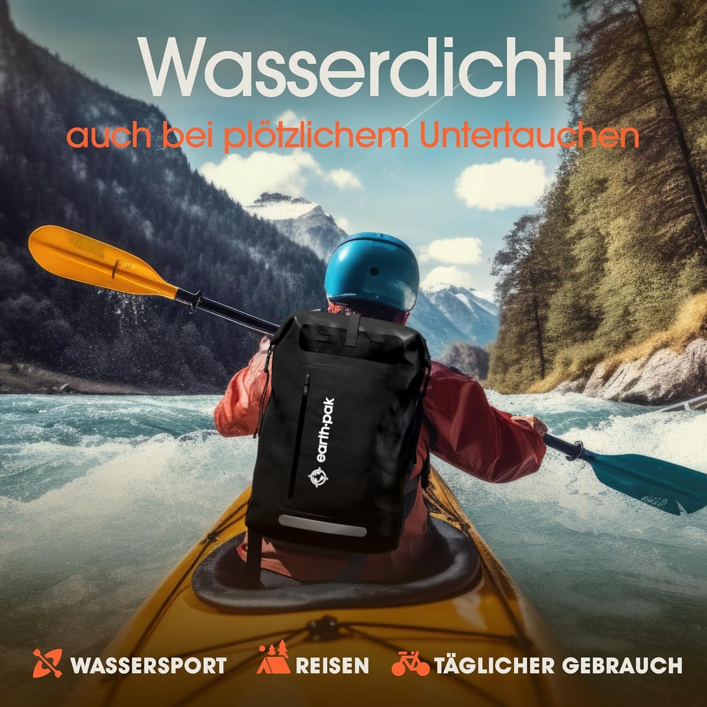 Wasserdichter Rucksack mit Rolltop und Handyhülle, 55L Schwarz