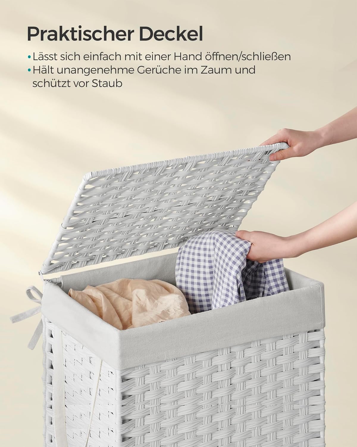 Geflochtener Wäschesammler mit Deckel und Wäschesack, Wolkenweiss 90 L