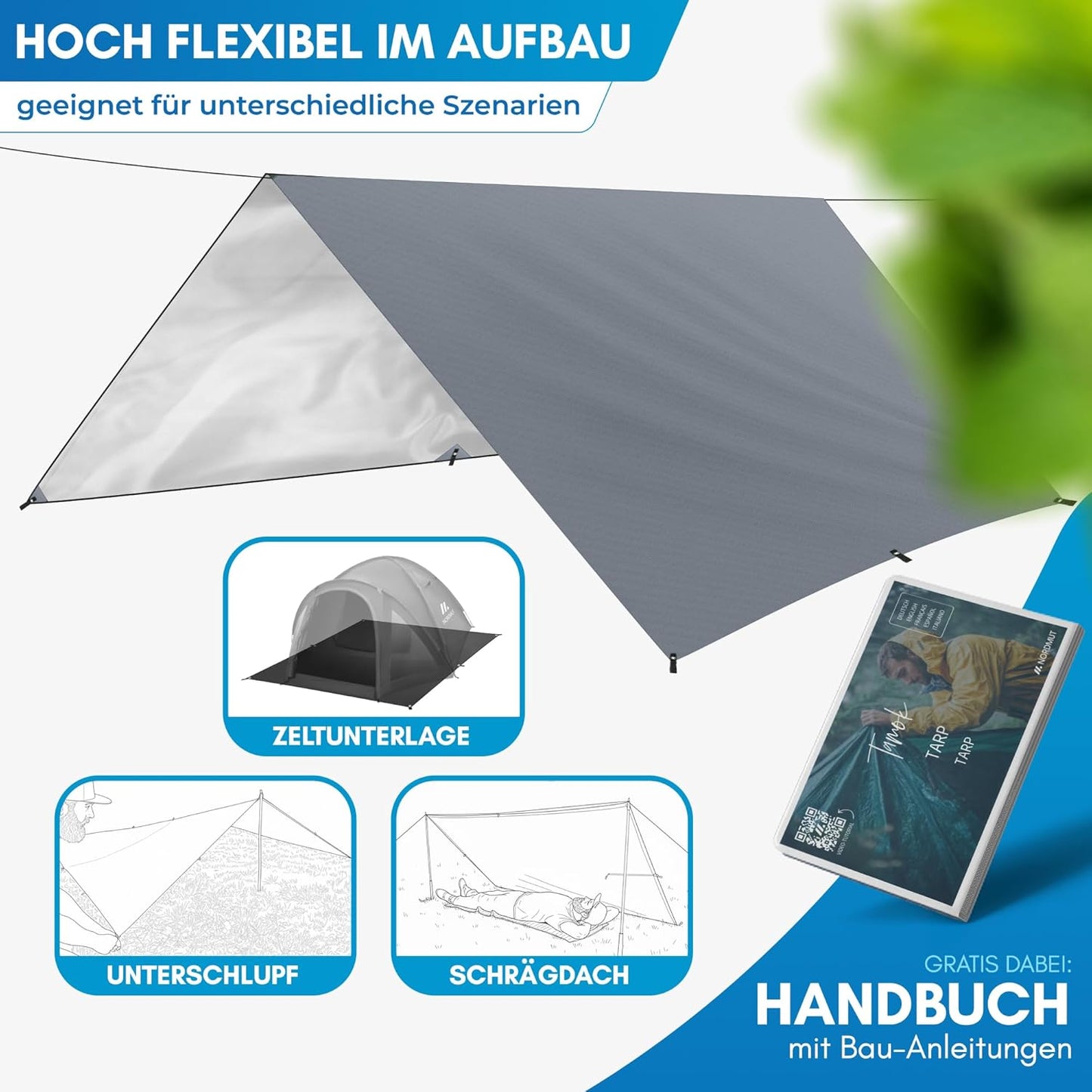 Wasserdichtes Ultraleicht-Tarp, 3 x 3 m, Grau 300 x 300 cm