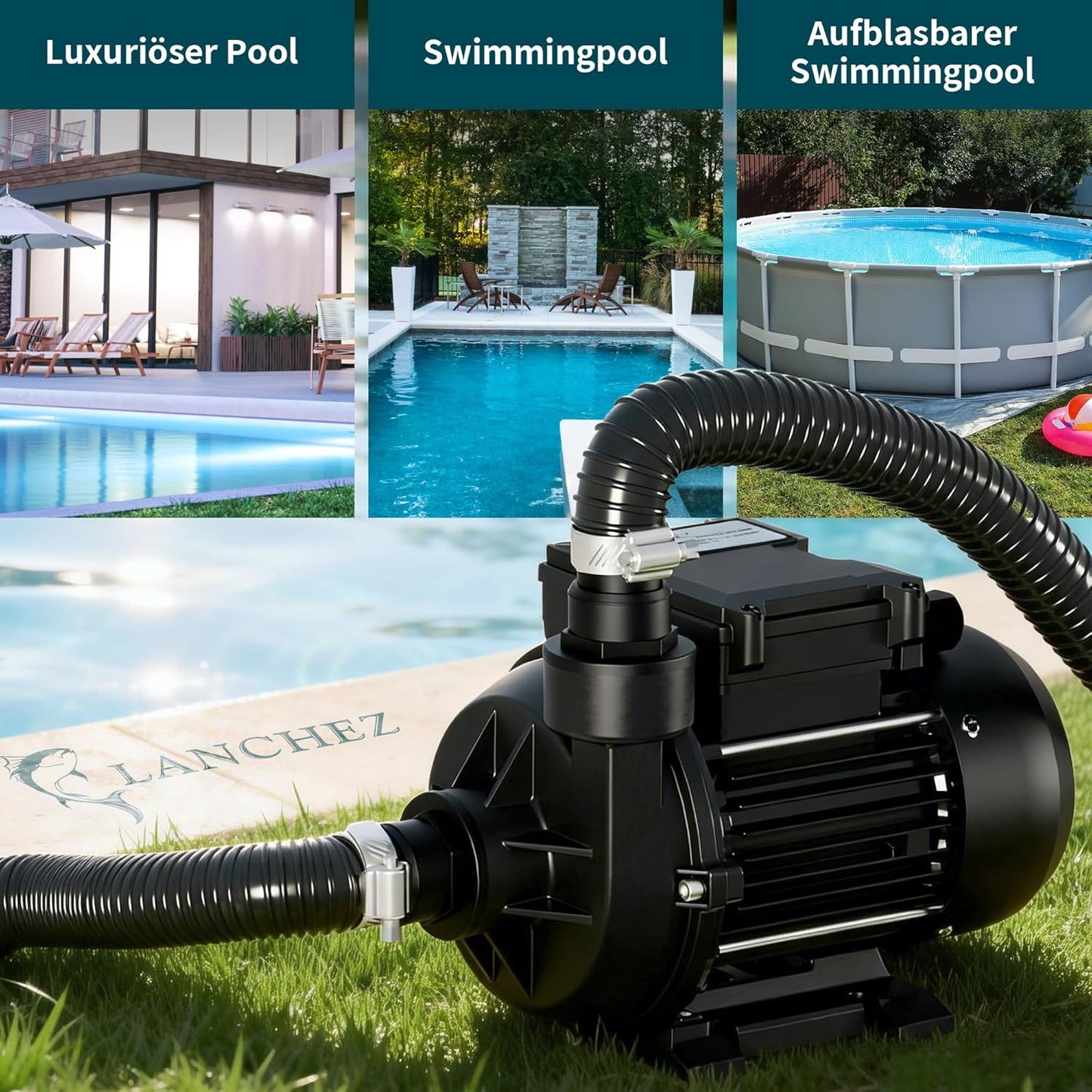 Poolpumpe, max. 9.000 l/h Fördermenge, Schwarz