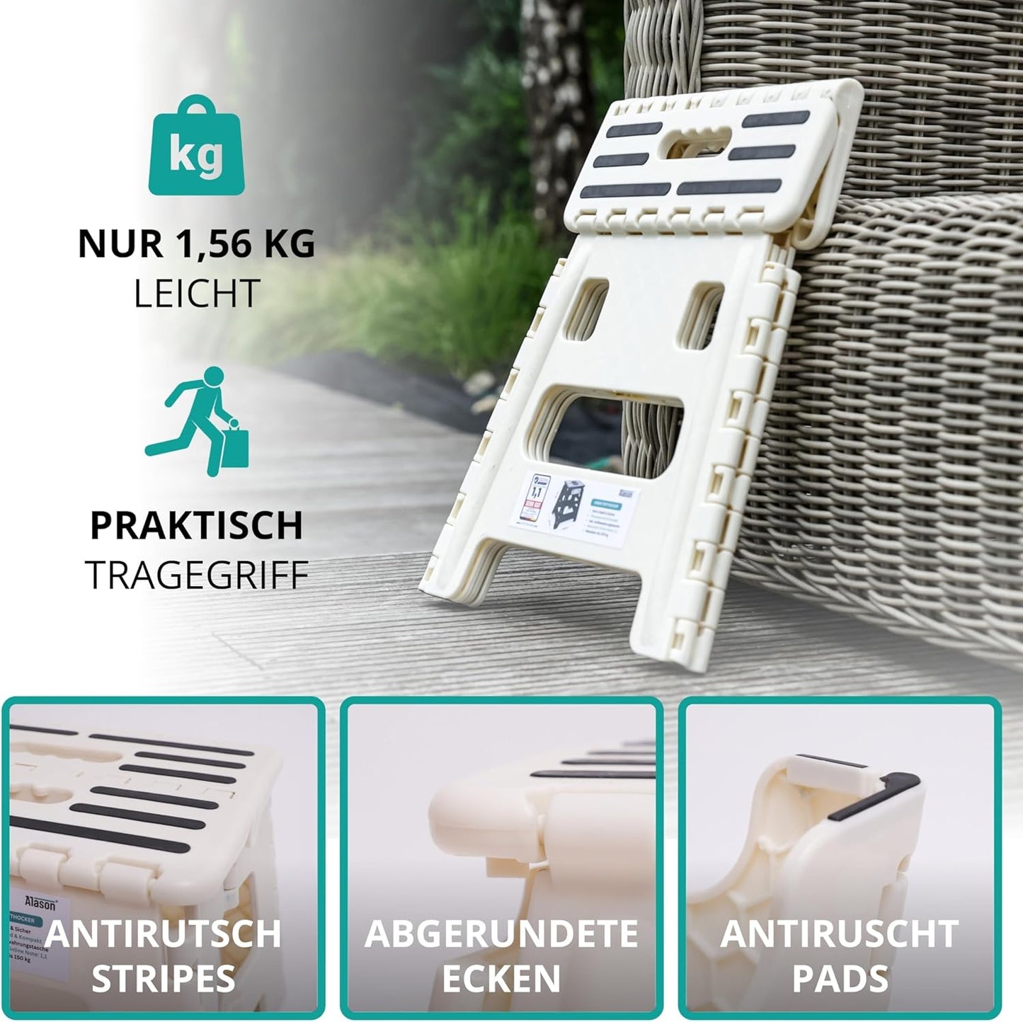 Klappbarer Tritthocker, Weiss/Beige 39cm Hoch
