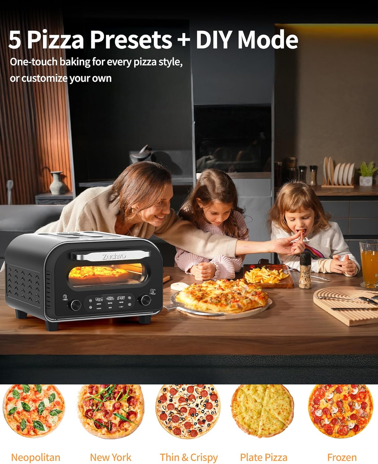 Elektrischer Pizzaofen mit 5 Programmen & Zubehör, mit Pizzaschieber&Pizzastein&Rezepten Silber